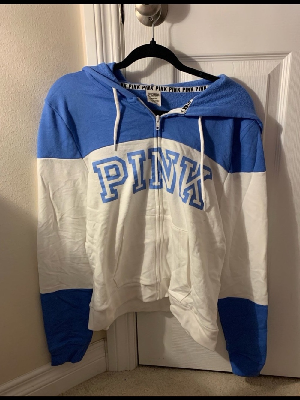 PINK Victoria's Secret Blue and White Colorblock Zip Hoodie